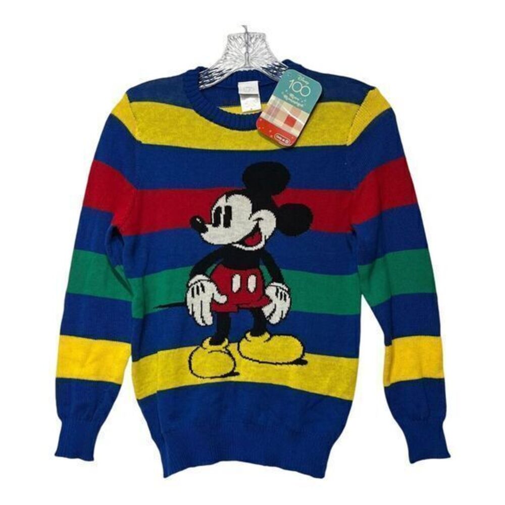 Disney 100 NWT Retro‎ Reimagined Youth M Mickey Mouse Colorful Striped Sweater